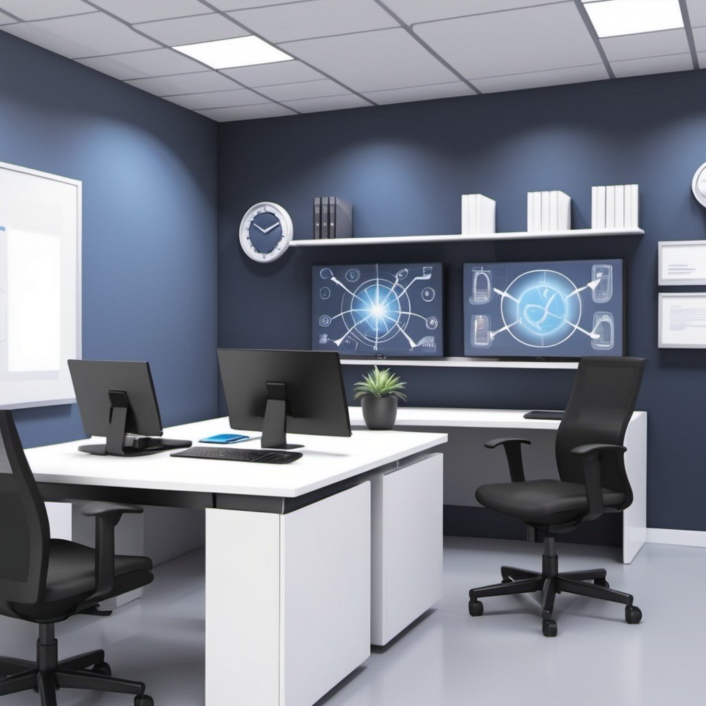 Modern MicheByte workspace with analytics dashboards on screen